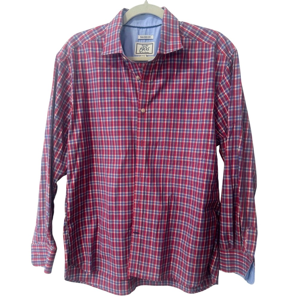 Jos. A. Bank 1905 Tailored Fit Plaid Button Down Shirt Mens Large Red Blue L